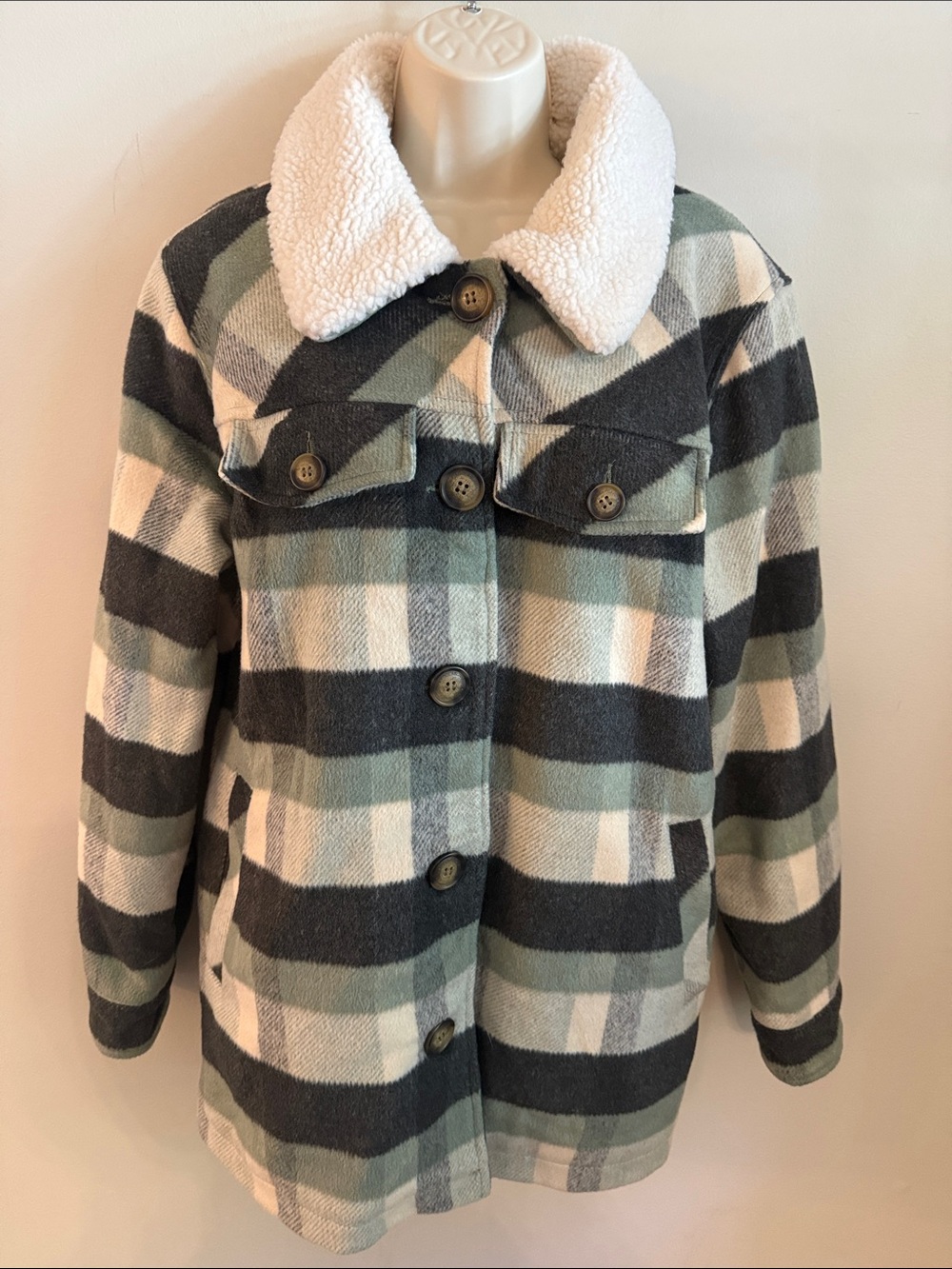 Koolaburra Plaid Sherpa Collar Jacket - Green/Gray/White